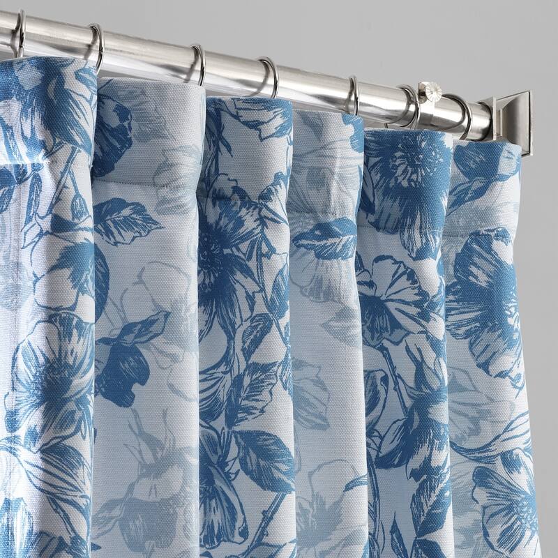 Exclusive Fabrics Blue Poppy Printed Linen Textured Room Darkening Curtain (1 Panel) - Floral Print, Textured Elegance