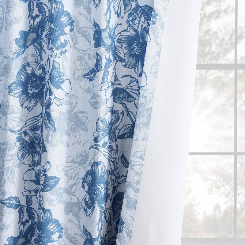 Exclusive Fabrics Blue Poppy Printed Linen Textured Room Darkening Curtain (1 Panel) - Floral Print, Textured Elegance