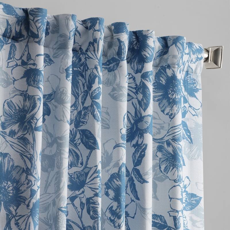 Exclusive Fabrics Blue Poppy Printed Linen Textured Room Darkening Curtain (1 Panel) - Floral Print, Textured Elegance
