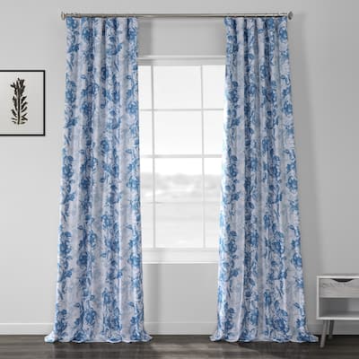 Exclusive Fabrics Blue Poppy Printed Linen Textured Room Darkening Curtain (1 Panel) - Floral Print, Textured Elegance