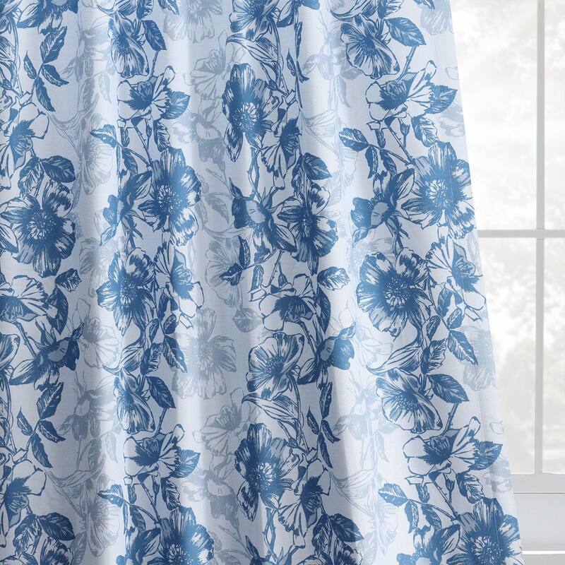 Exclusive Fabrics Blue Poppy Printed Linen Textured Room Darkening Curtain (1 Panel) - Floral Print, Textured Elegance