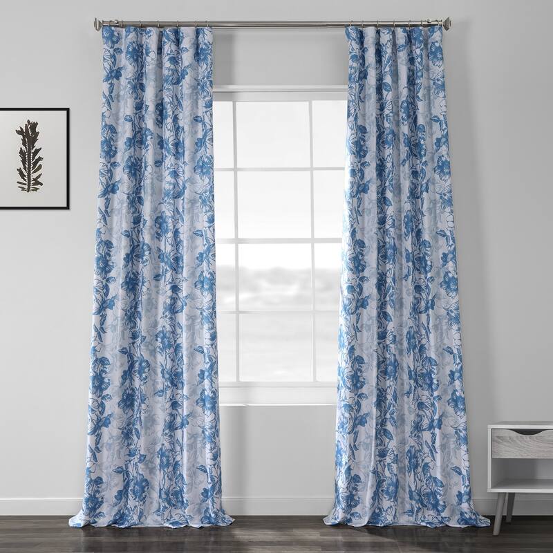 Exclusive Fabrics Blue Poppy Printed Linen Textured Room Darkening Curtain (1 Panel) - Floral Print, Textured Elegance