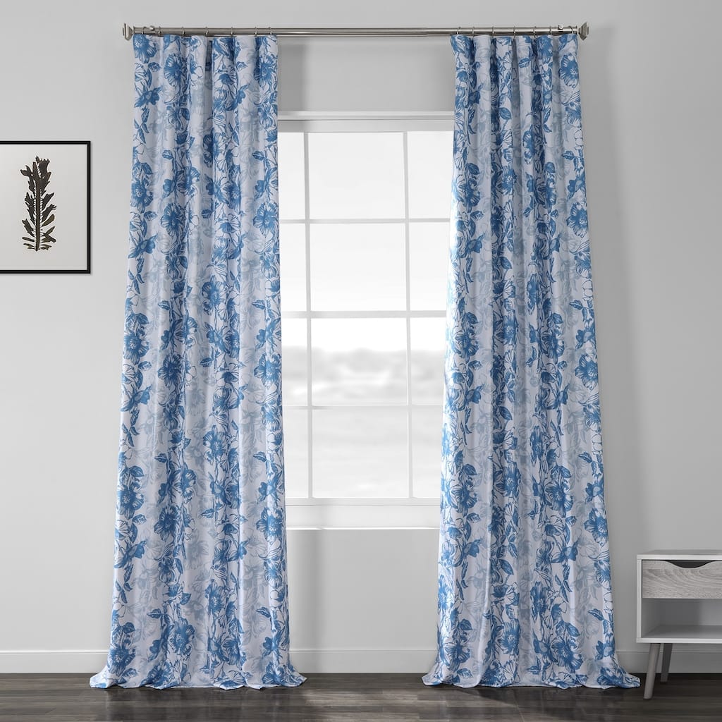 Exclusive Fabrics Blue Poppy Printed Linen Textured Room Darkening Curtain (1 Panel) - Floral Print, Textured Elegance