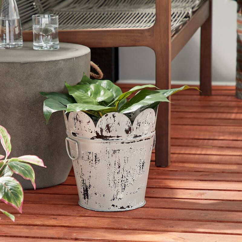 Farmhouse Style Distressed White Metal Scalloped Bucket Planter with Handles 11" x 12"