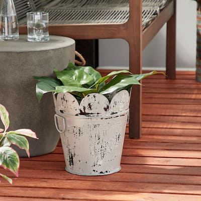 Farmhouse Style Distressed White Metal Scalloped Bucket Planter with Handles 11" x 12"