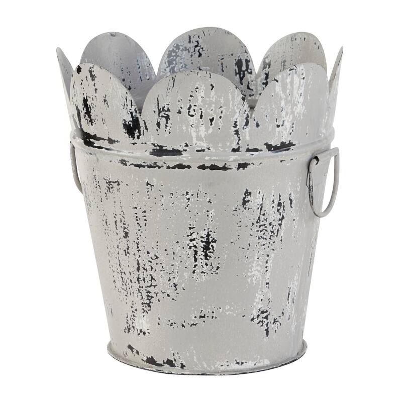 Farmhouse Style Distressed White Metal Scalloped Bucket Planter with Handles 11" x 12"