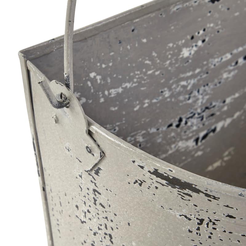 Farmhouse Style Distressed White Metal Bucket Planter with Handle 11.5" x 10"
