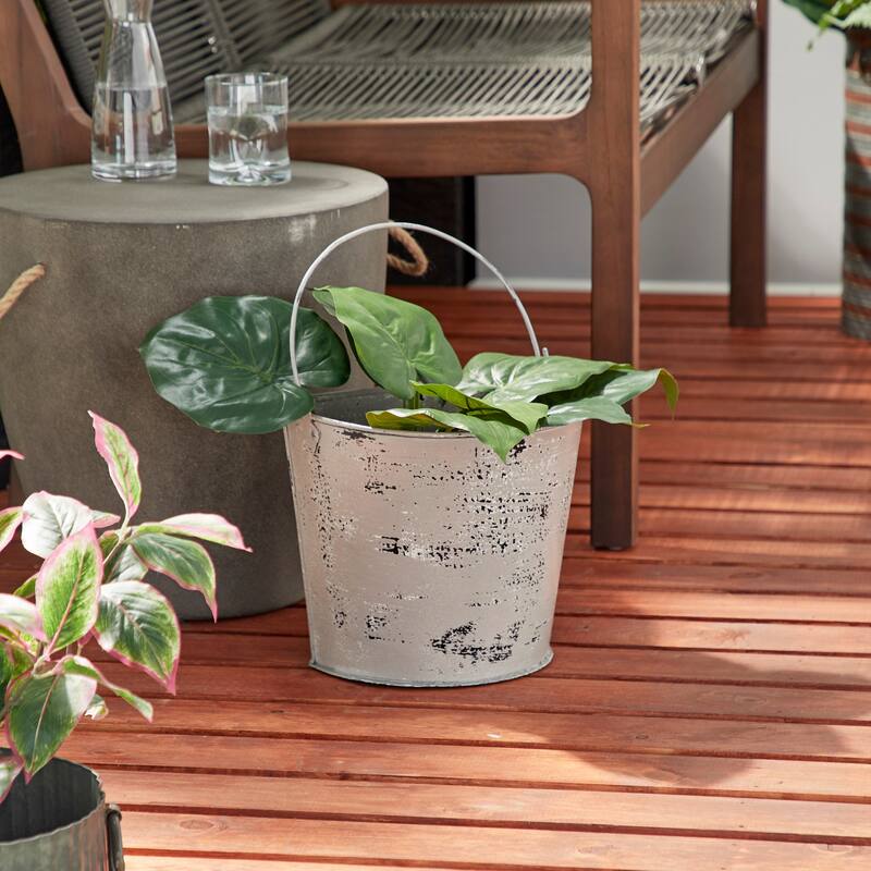 Farmhouse Style Distressed White Metal Bucket Planter with Handle 11.5" x 10"