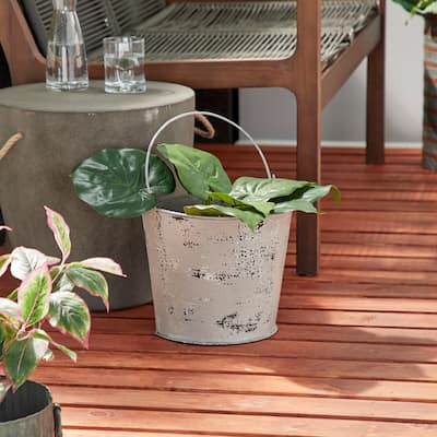 Farmhouse Style Distressed White Metal Bucket Planter with Handle 11.5" x 10"