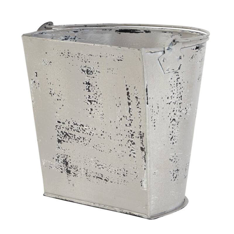 Farmhouse Style Distressed White Metal Bucket Planter with Handle 11.5" x 10"
