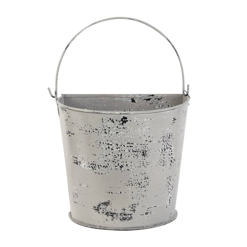 Farmhouse Style Distressed White Metal Bucket Planter with Handle 11.5" x 10"