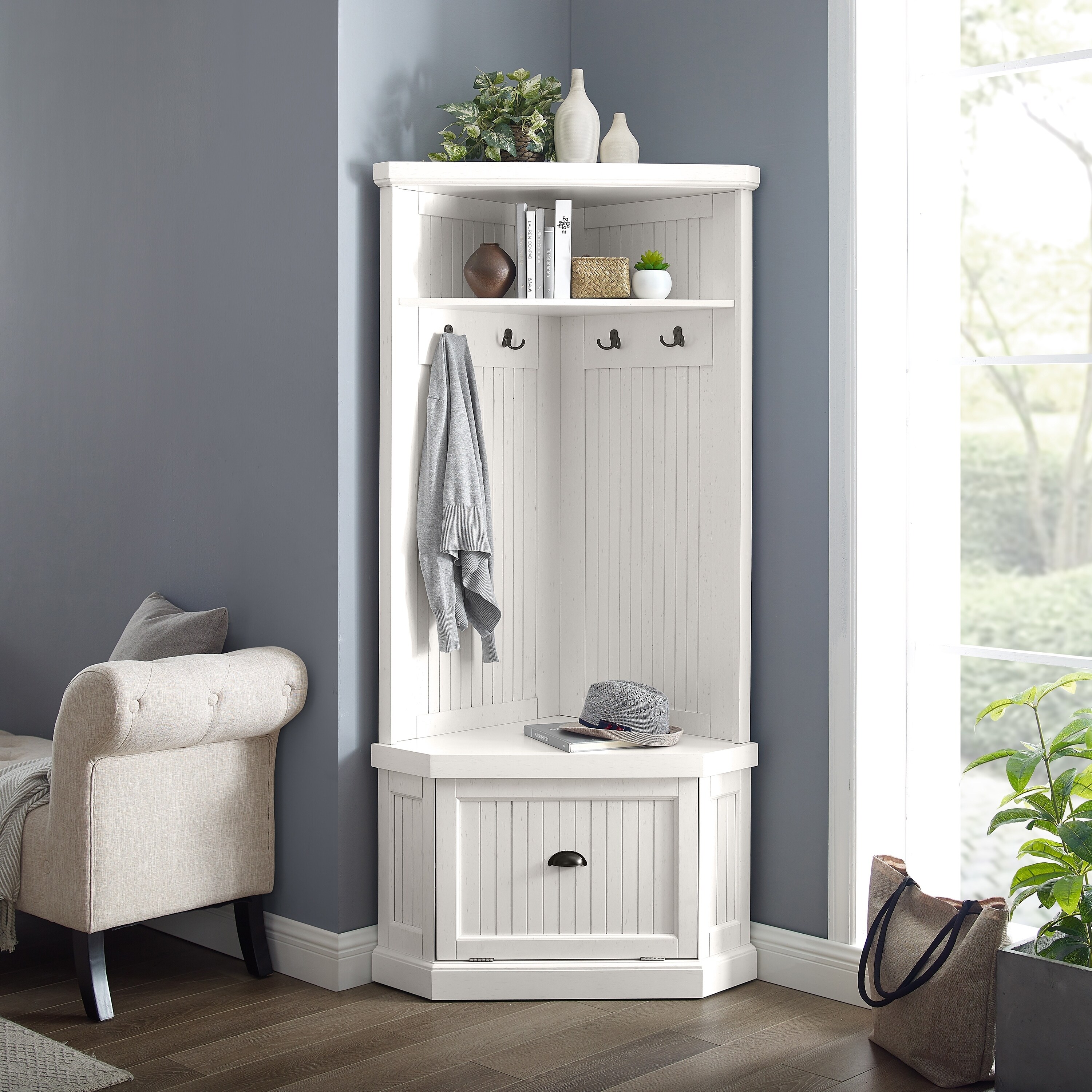 Shop Seaside Corner Hall Tree Distressed White Overstock 28655092