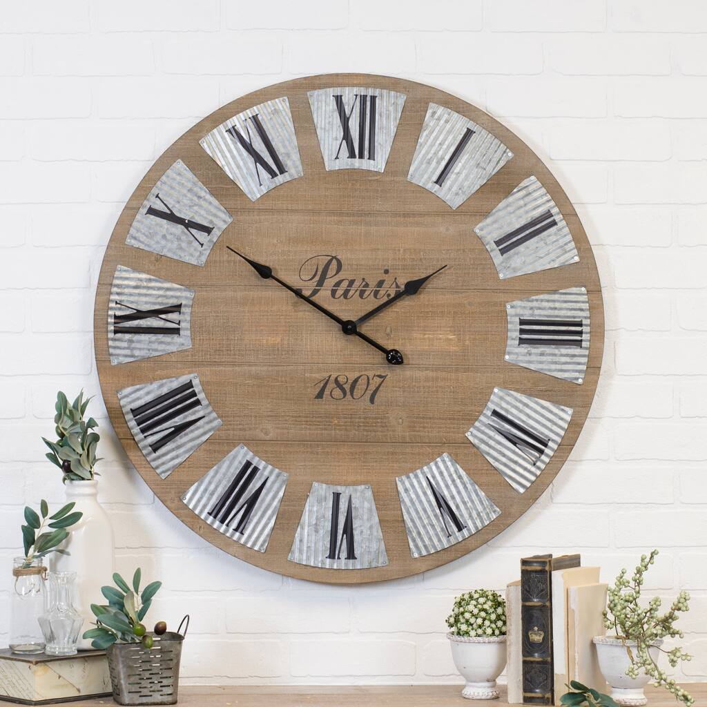 Wooden clock with galvanized metal