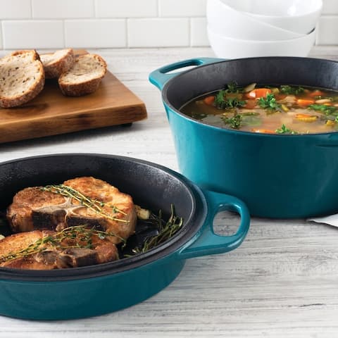 Rachael Ray Cast Iron 4-Qt. Casserole with 10" Griddle, Teal Shimmer