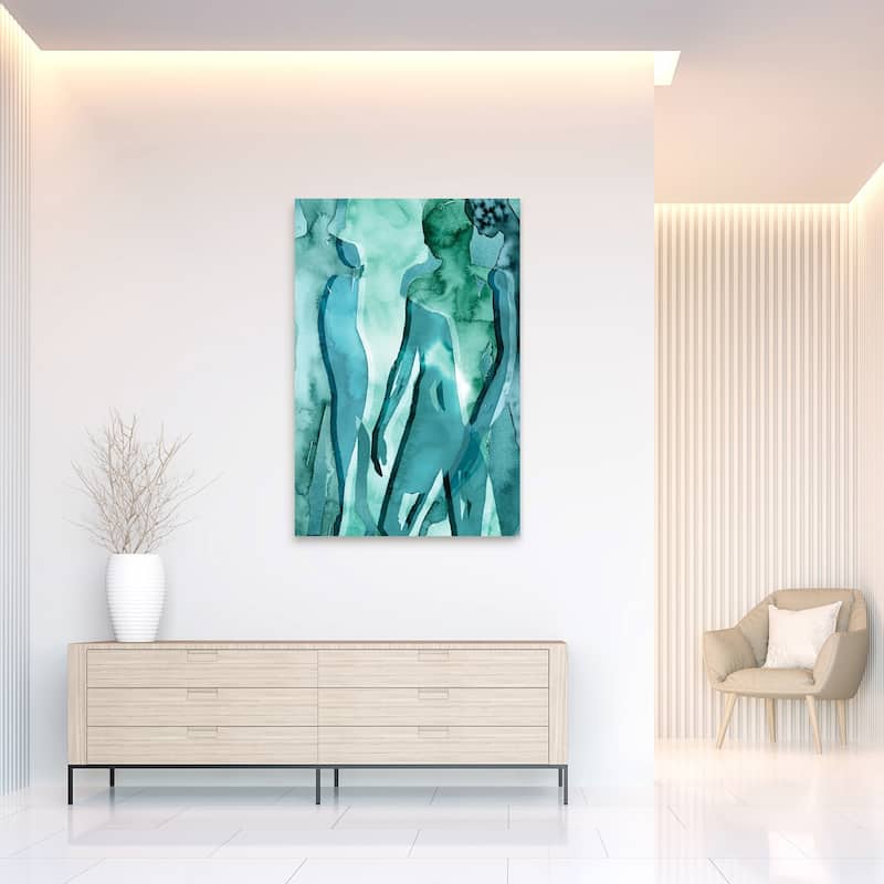 "Water Women" Glass Wall Art Printed on Frameless Free Floating Tempered Glass Panel - Teal