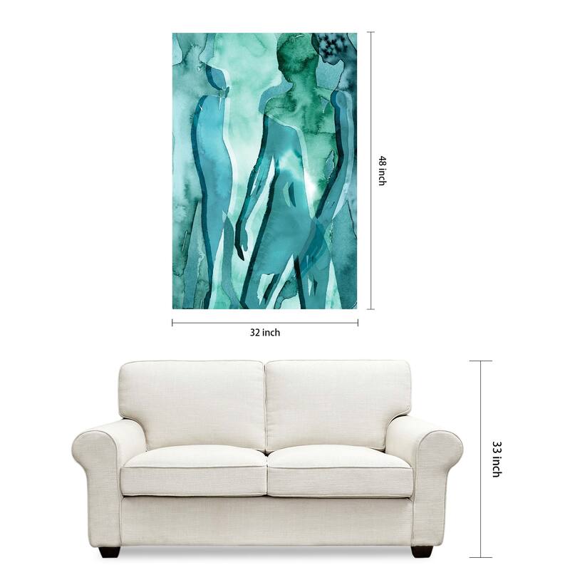 "Water Women" Glass Wall Art Printed on Frameless Free Floating Tempered Glass Panel - Teal