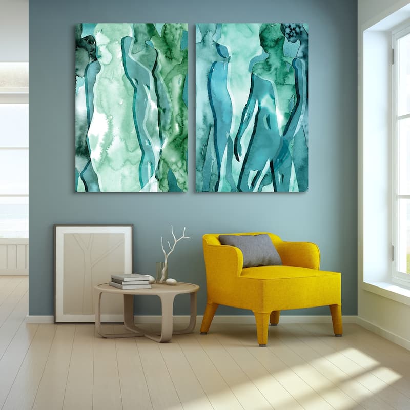 "Water Women" Glass Wall Art Printed on Frameless Free Floating Tempered Glass Panel - Teal