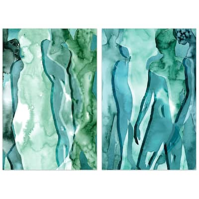 "Water Women" Glass Wall Art Printed on Frameless Free Floating Tempered Glass Panel - Teal