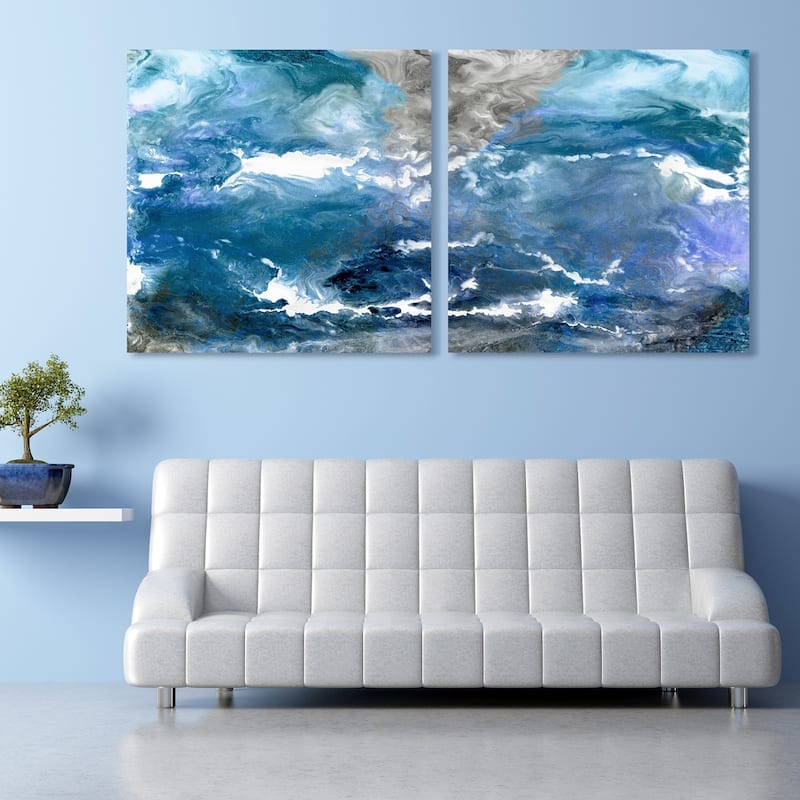 "Glistening Tide" Abstract Wall Art Printed on Frameless Free Floating Tempered Glass Panel - Blue