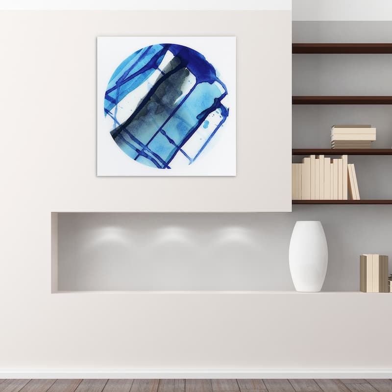 "Blue Stripes" Abstract Wall Art Printed on Frameless Free Floating Tempered Glass Panel - Blue/White
