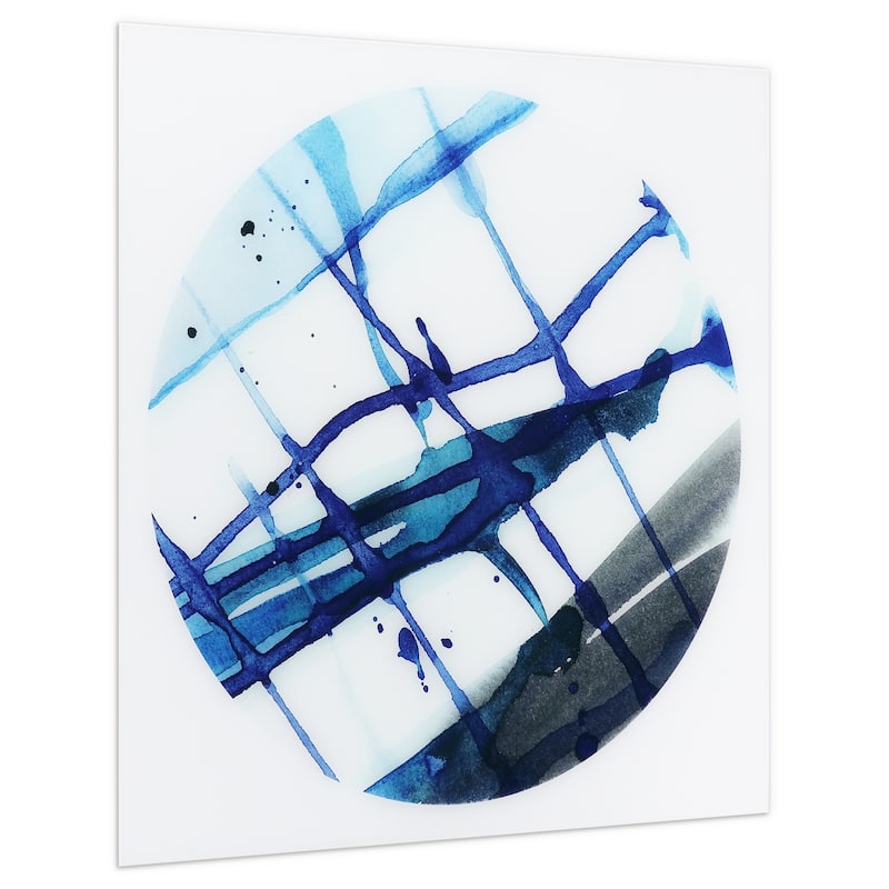 "Blue Stripes" Abstract Wall Art Printed on Frameless Free Floating Tempered Glass Panel - Blue/White