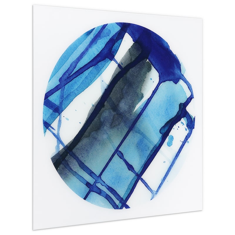 "Blue Stripes" Abstract Wall Art Printed on Frameless Free Floating Tempered Glass Panel - Blue/White