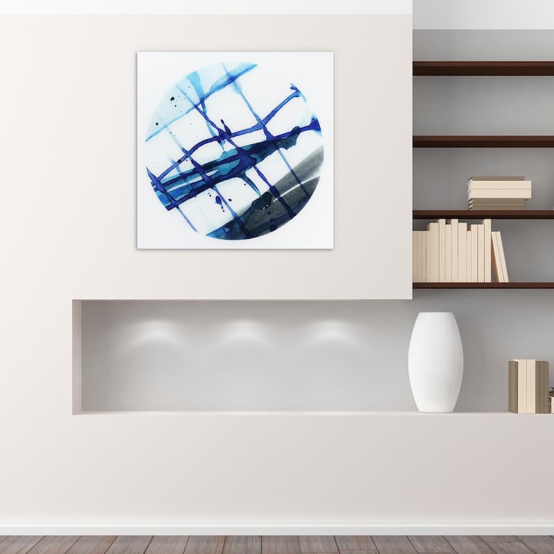 "Blue Stripes" Abstract Wall Art Printed on Frameless Free Floating Tempered Glass Panel - Blue/White
