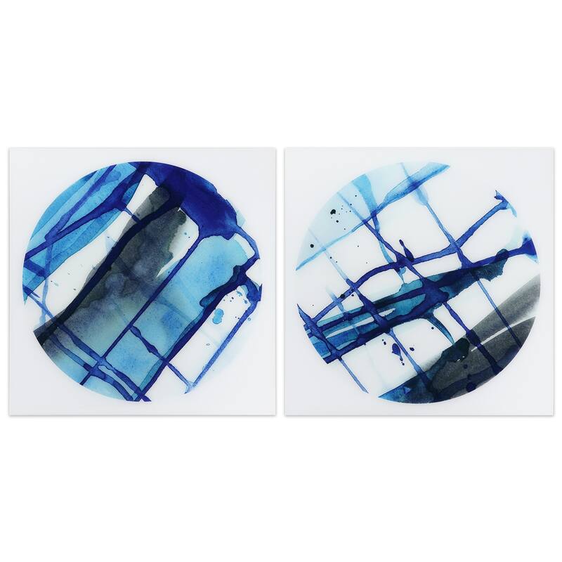 "Blue Stripes" Abstract Wall Art Printed on Frameless Free Floating Tempered Glass Panel - Blue/White