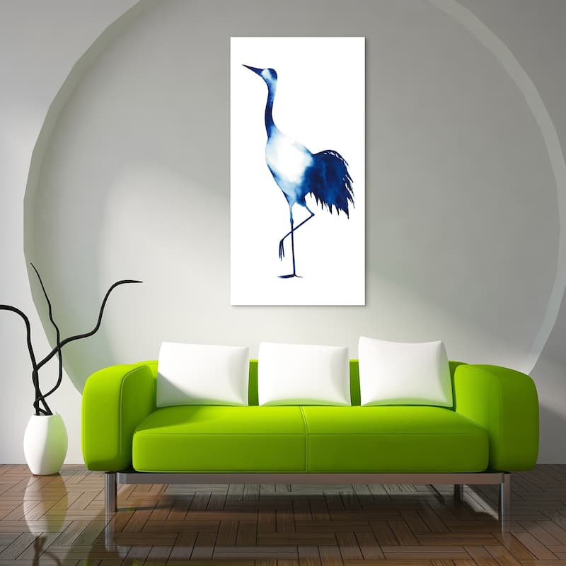 "Ink Drop Crane" Glass Wall Art Printed on Frameless Free Floating Tempered Glass Panel - Blue/White