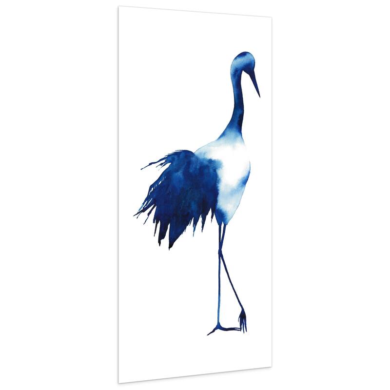 "Ink Drop Crane" Glass Wall Art Printed on Frameless Free Floating Tempered Glass Panel - Blue/White
