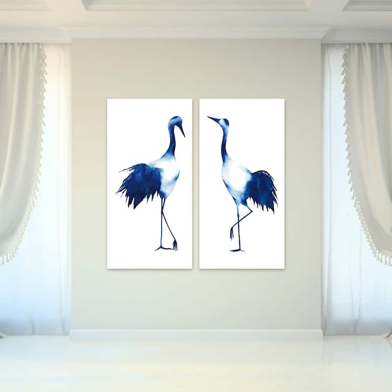 "Ink Drop Crane" Glass Wall Art Printed on Frameless Free Floating Tempered Glass Panel - Blue/White