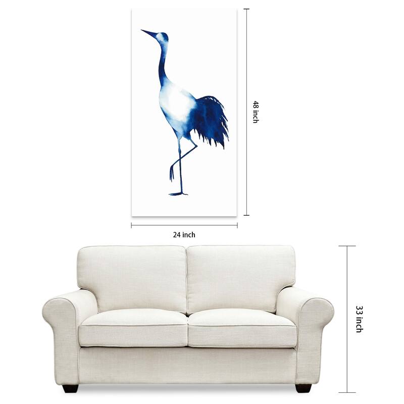 "Ink Drop Crane" Glass Wall Art Printed on Frameless Free Floating Tempered Glass Panel - Blue/White