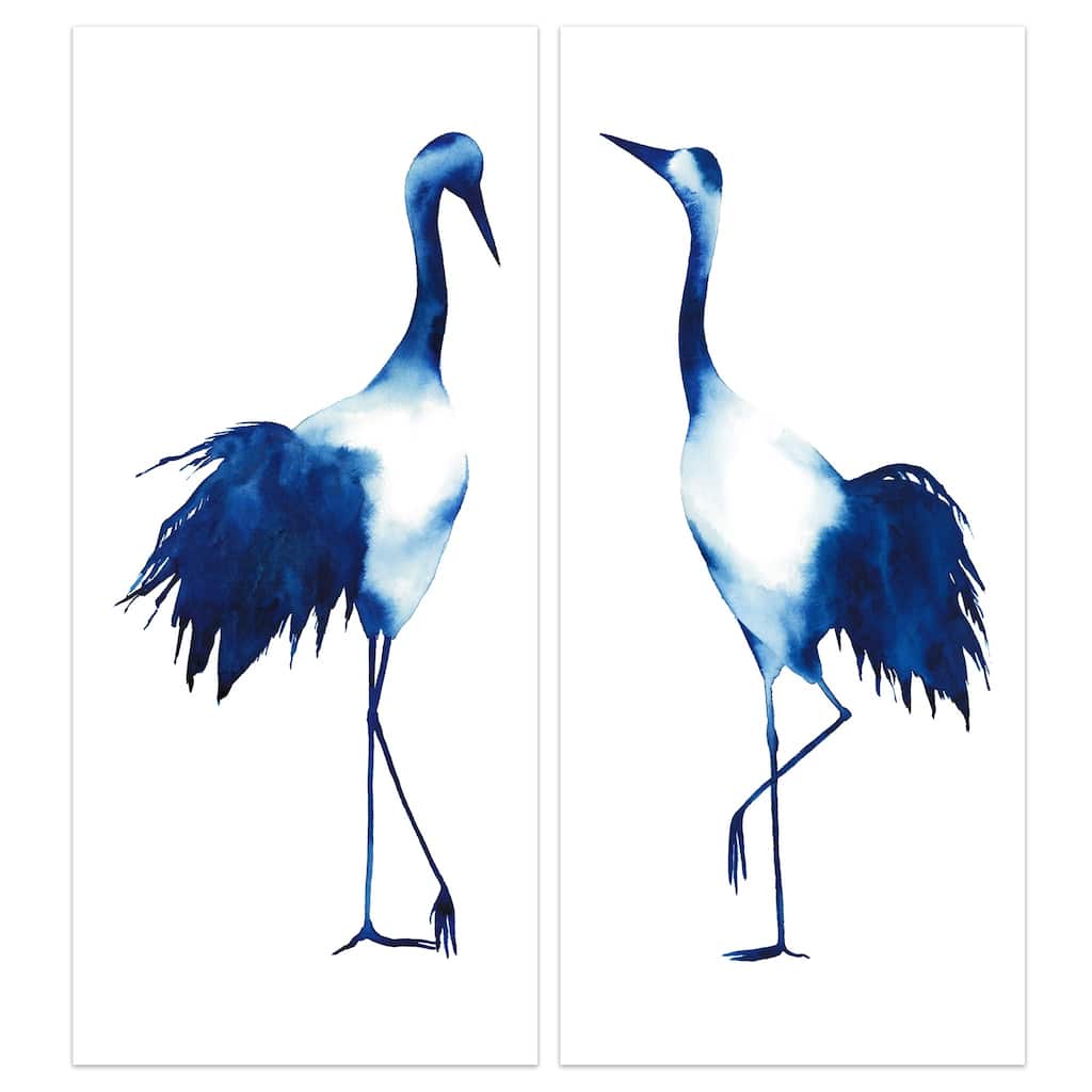 "Ink Drop Crane" Glass Wall Art Printed on Frameless Free Floating Tempered Glass Panel - Blue/White