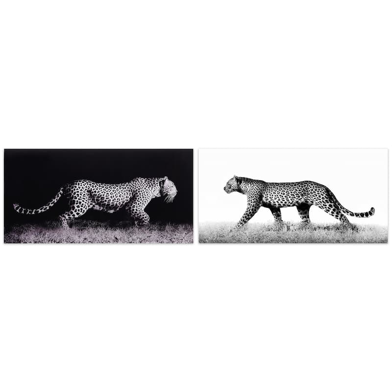 Leopard Glass Wall Art Printed on Frameless Free Floating Tempered Glass Panel - Grey/Black/White