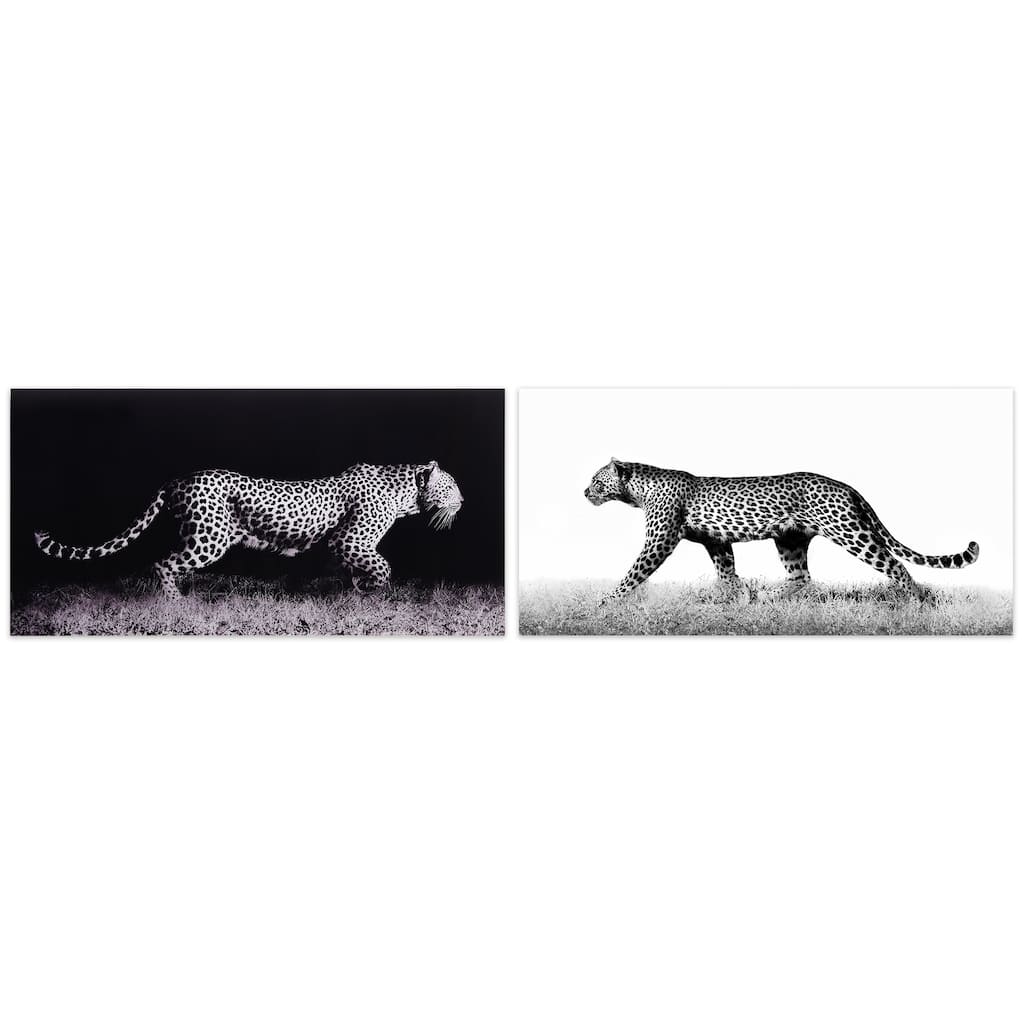 Leopard Glass Wall Art Printed on Frameless Free Floating Tempered Glass Panel - Grey/Black/White