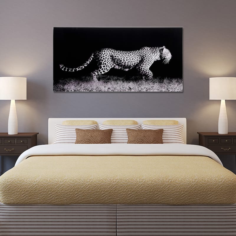 Leopard Glass Wall Art Printed on Frameless Free Floating Tempered Glass Panel - Grey/Black/White