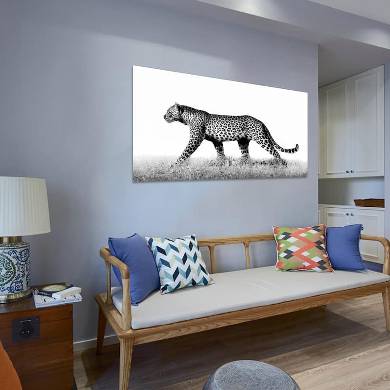 Leopard Glass Wall Art Printed on Frameless Free Floating Tempered Glass Panel - Grey/Black/White