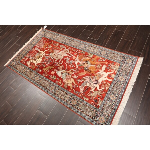 Hand Knotted Hunting Scene Kashmir Pure Silk 340-400 KPSI Persian Oriental Area Rug GOI Certified (3'x5'4")