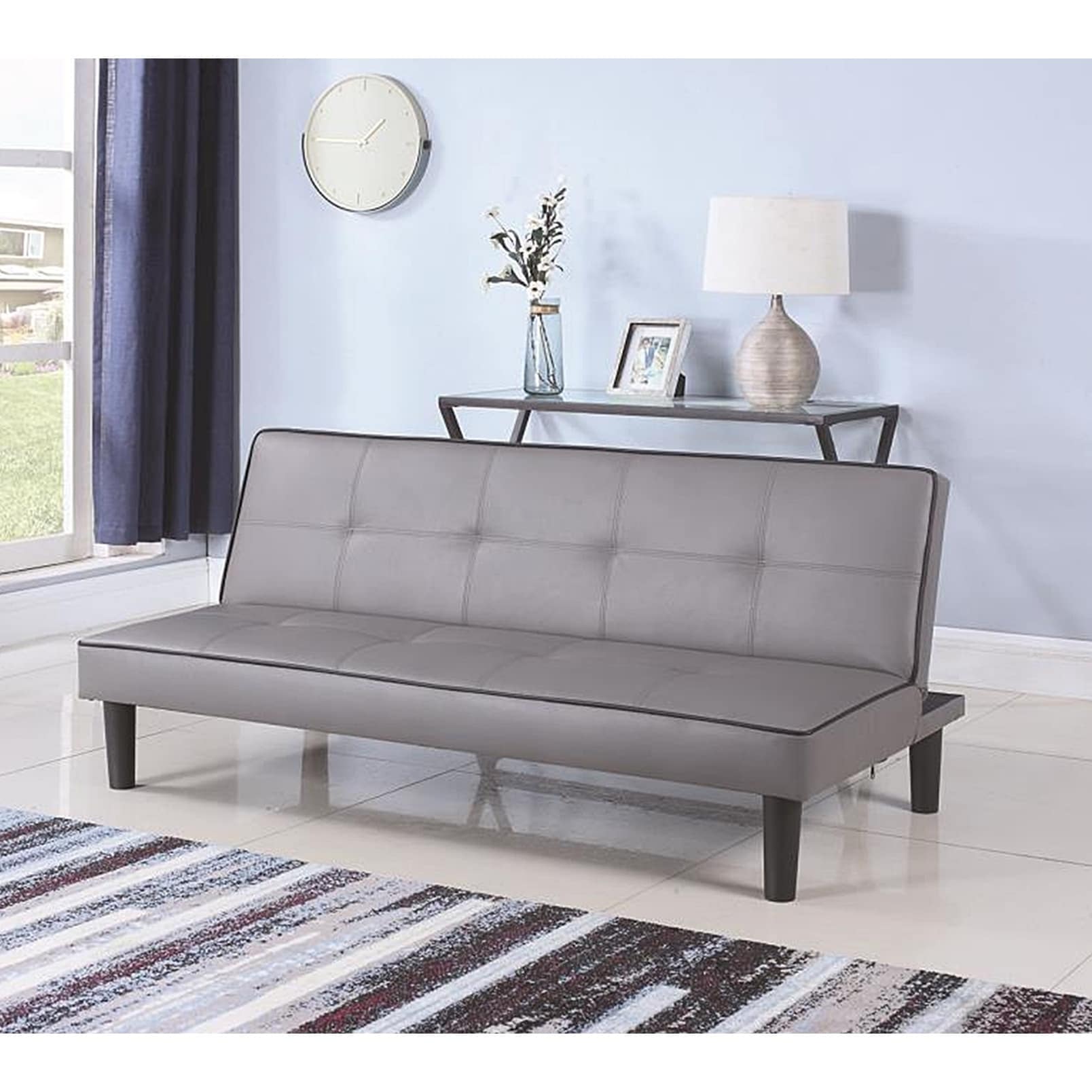 Fenton Grey Leather Upholstered Tufted Sofa Bed With Black Fenton Grey Leather Upholstered