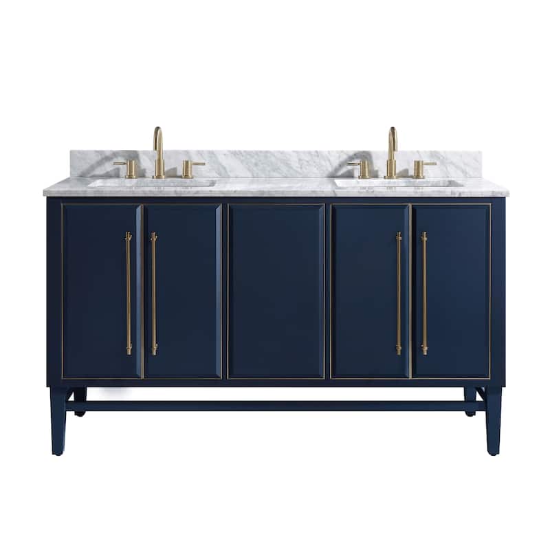 Avanity Mason 61 in. Double Sink Bathroom Vanity Set in Navy Blue with Gold Trim - Carrara White Marble