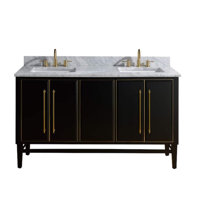 Avanity Mason 61 in. Double Sink Bathroom Vanity Set in Black with Gold Trim - Carrara White Marble