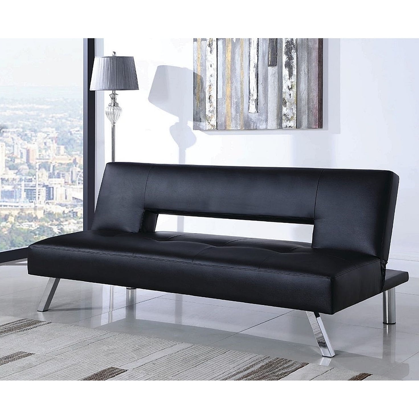 Alten Black Leather Upholstered Tufted Sofa Bed With Chrome Legs