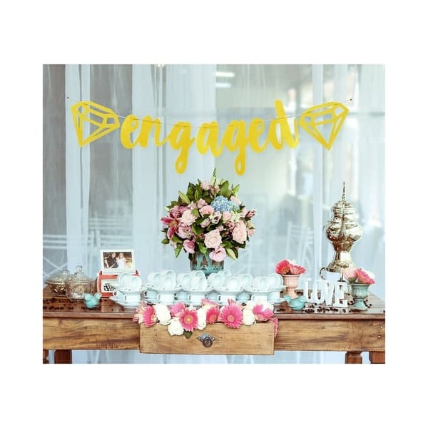 Shop Engaged Gold Glitter Banner With Diamond For Engagement Party