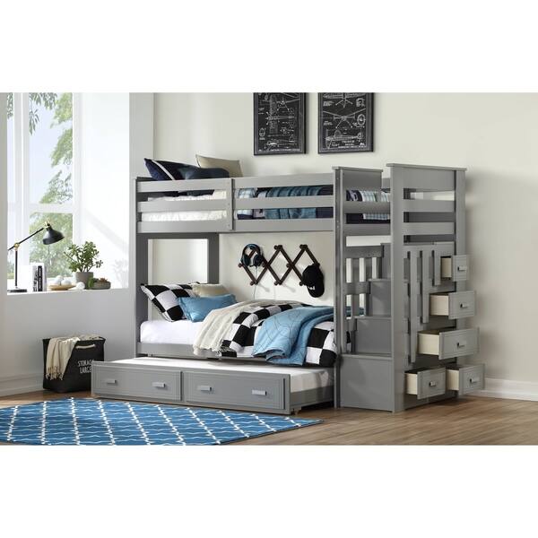 slide 2 of 3, ACME Allentown Twin/Twin Bunk Bed with Storage Ladder & Trundle in Gray