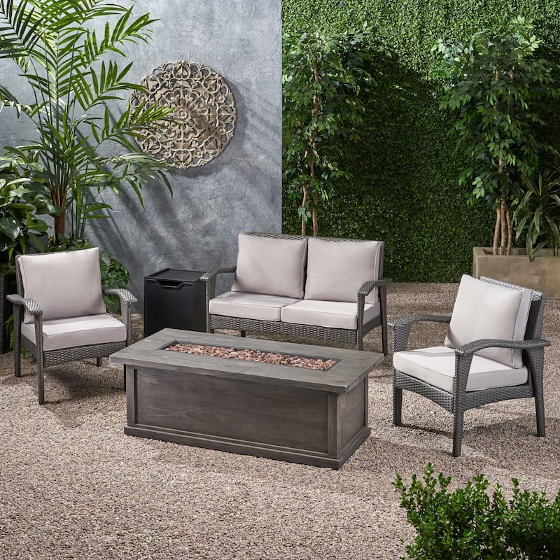 Honolulu Outdoor 4 Seater Wicker Chat Set with Fire Pit by Christopher Knight Home - Gray+Light Gray Cushion+ Black