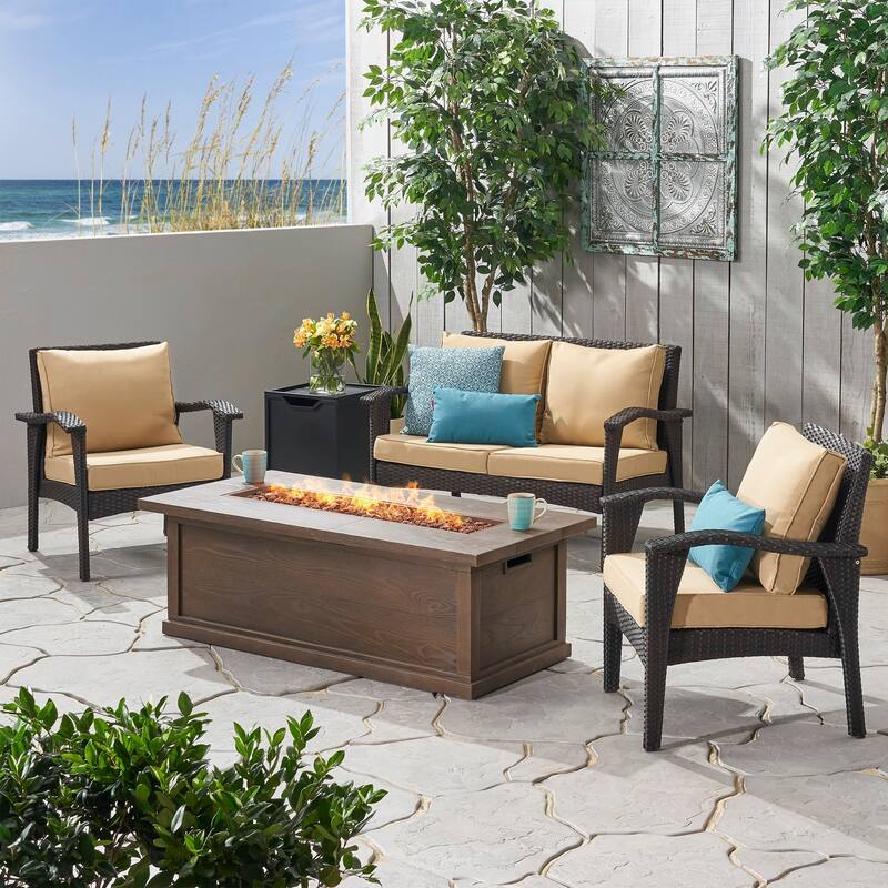Honolulu Outdoor 4 Seater Wicker Chat Set with Fire Pit by Christopher Knight Home
