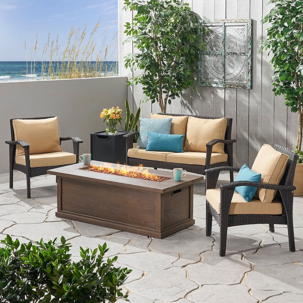 Honolulu Outdoor 4 Seater Wicker Chat Set with Fire Pit by Christopher Knight Home