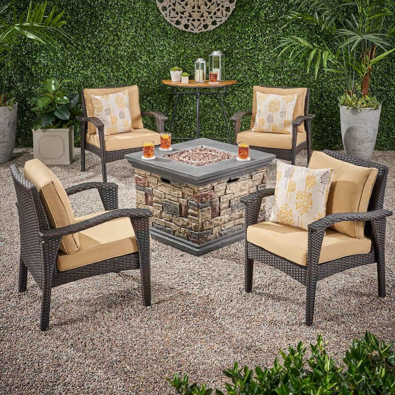 Kaula 5-piece Wicker Club Chair Fire Pit Set by Christopher Knight Home - Brown+Tan+Stone