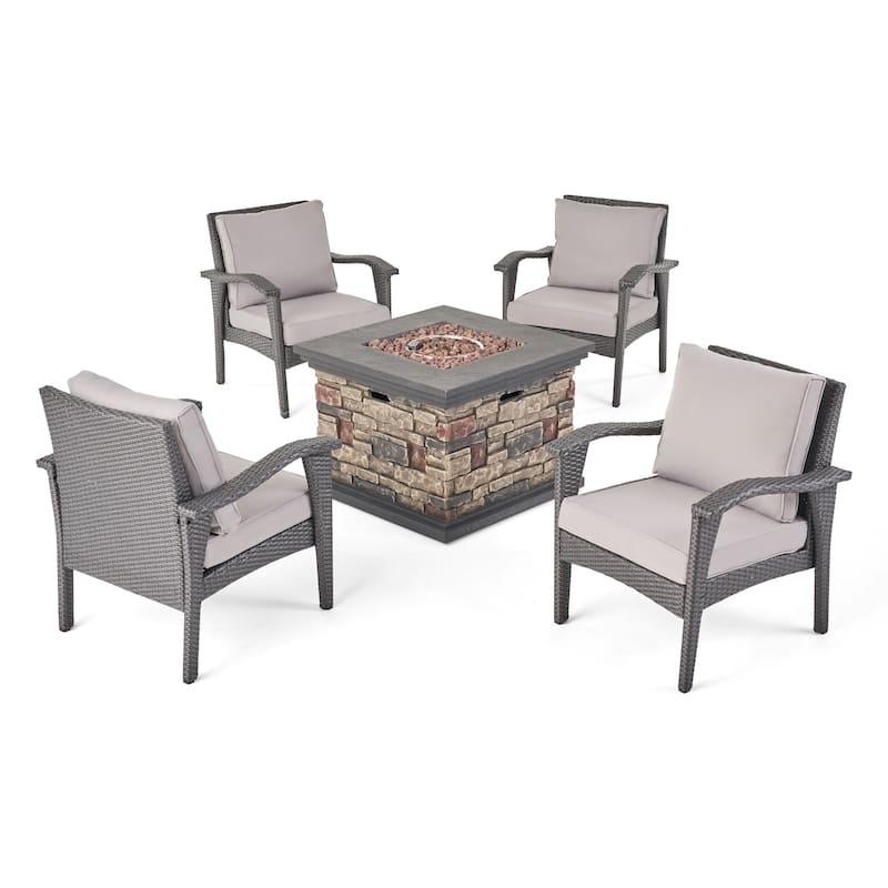 Kaula 5-piece Wicker Club Chair Fire Pit Set by Christopher Knight Home - Gray+Light Gray+Stone
