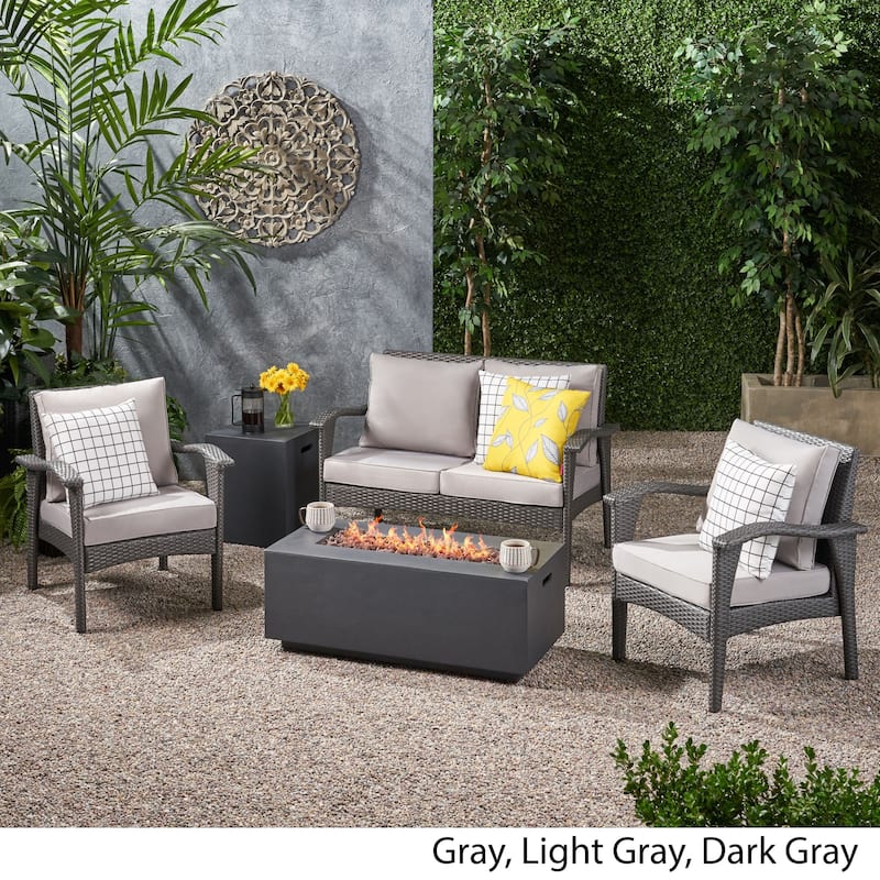 Kalo Outdoor 4 Seater Wicker Chat Set with Fire Pit by Christopher Knight Home